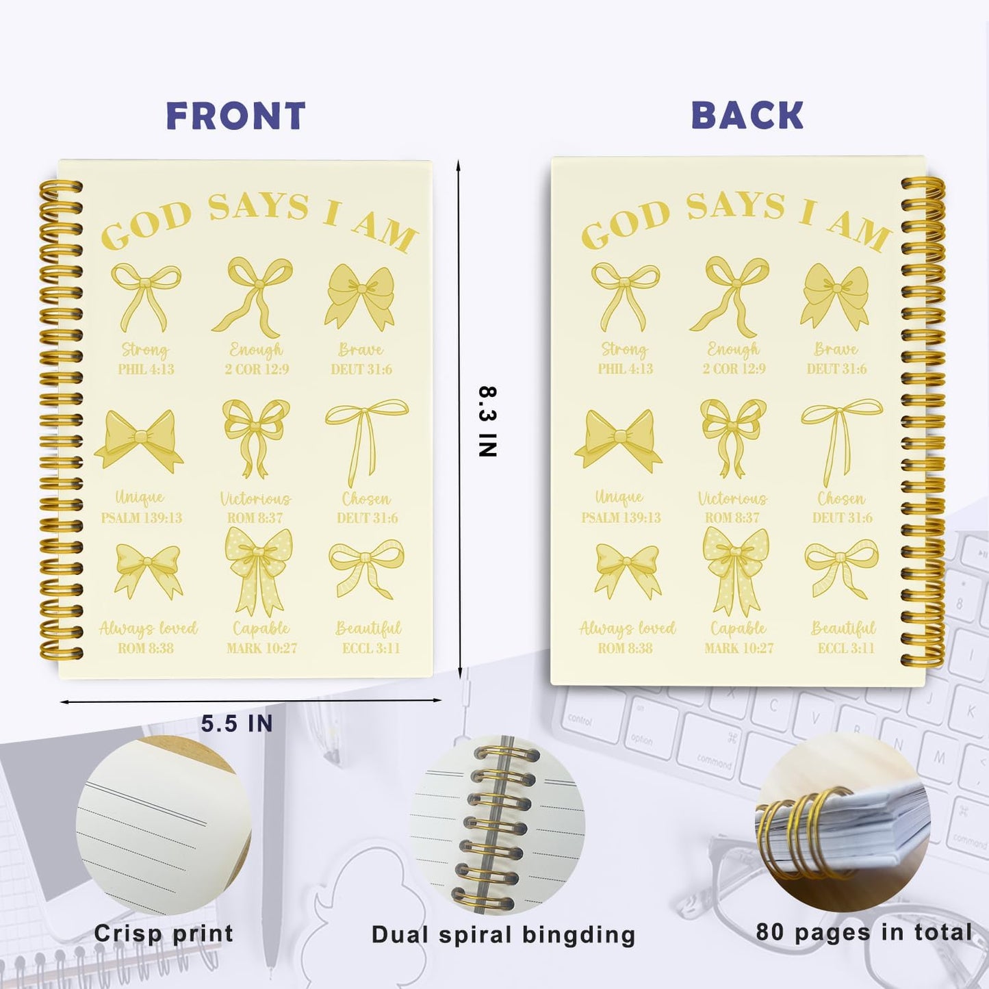 Bible Journal for Women, Christian Prayer Journal Notebook Gifts for Teen Girls Kids, Bible Study Supplies, Cute Bows Church Faith Journaling Hardcover Spiral Notebook 5.5 X 8.3(Baby Yellow)