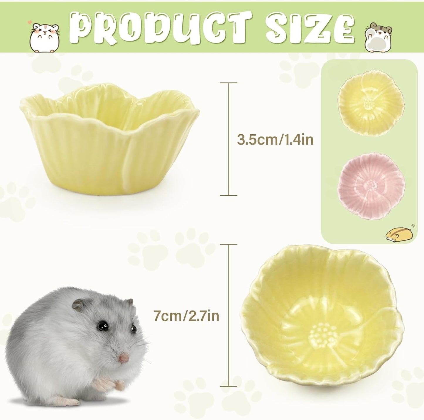 Small Ceramic Hamster Bowl, Easy to Clean Anti Flipping Hamsters Food and Water Bowl, Small Animal Bowls for Dwarf Hamster, Parrots (Yellow+Green, s,2pcs)
