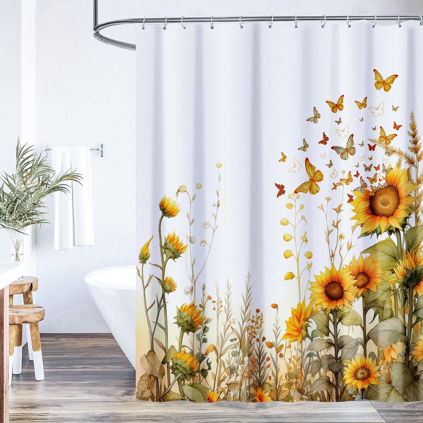 Butterfly Sunflower Shower Curtain, 72"x72" | Farmhouse Bathroom Decor, Rustic Floral Fabric, Waterproof, Set with 12 Hooks 72"x72"
