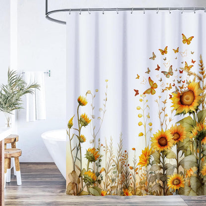 Butterfly Sunflower Shower Curtain, 72"x72" | Farmhouse Bathroom Decor, Rustic Floral Fabric, Waterproof, Set with 12 Hooks 72"x72"