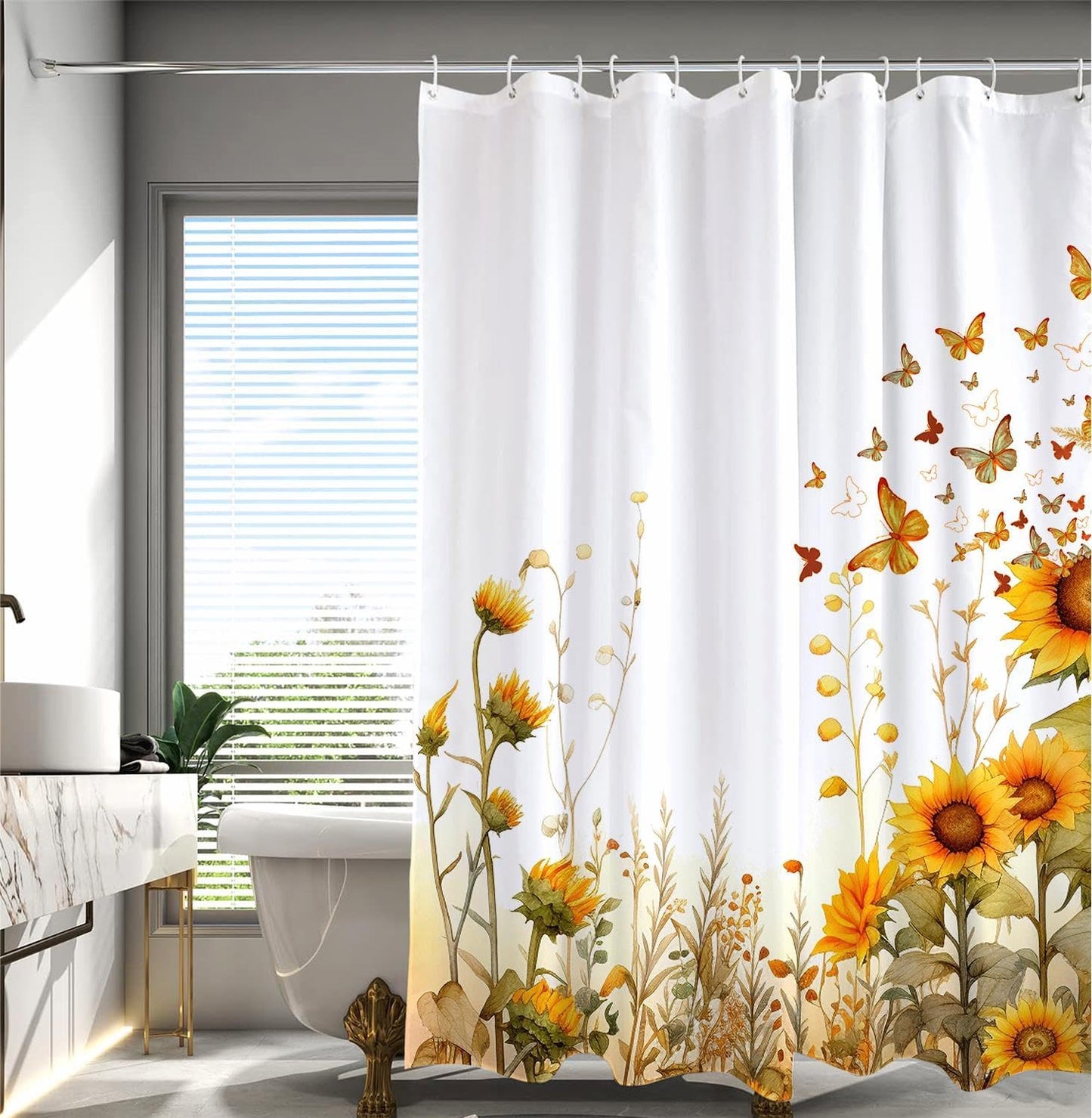 Butterfly Sunflower Shower Curtain, 72"x72" | Farmhouse Bathroom Decor, Rustic Floral Fabric, Waterproof, Set with 12 Hooks 72"x72"