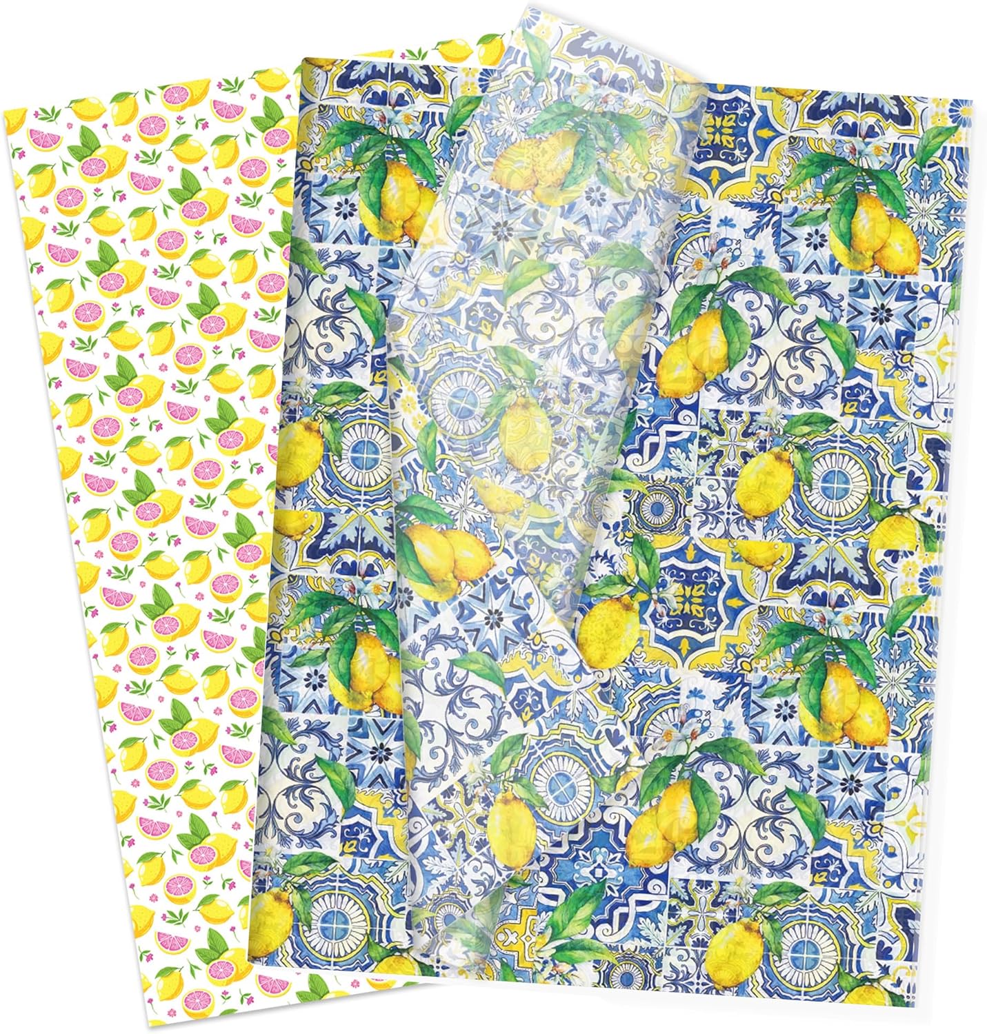 100 Sheets Capri Lemon Tissue Paper - 14x20 Inch Blue Tiles Yellow Lemons Patterns Gift Wrapping Paper for Summer Birthday, Baby Shower, Wedding Party, DIY Crafts Supplies, Gift Packing, 2 Style