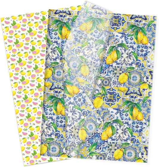 100 Sheets Capri Lemon Tissue Paper - 14x20 Inch Blue Tiles Yellow Lemons Patterns Gift Wrapping Paper for Summer Birthday, Baby Shower, Wedding Party, DIY Crafts Supplies, Gift Packing, 2 Style