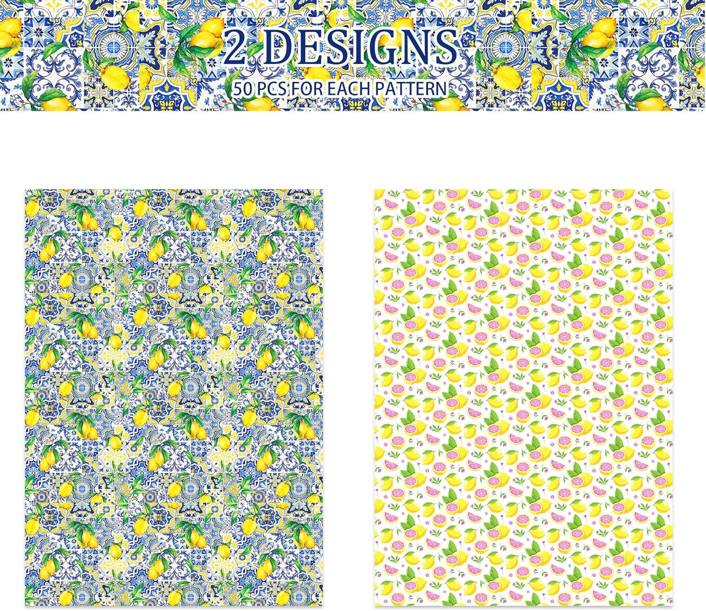 100 Sheets Capri Lemon Tissue Paper - 14x20 Inch Blue Tiles Yellow Lemons Patterns Gift Wrapping Paper for Summer Birthday, Baby Shower, Wedding Party, DIY Crafts Supplies, Gift Packing, 2 Style