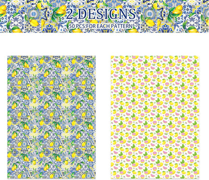 100 Sheets Capri Lemon Tissue Paper - 14x20 Inch Blue Tiles Yellow Lemons Patterns Gift Wrapping Paper for Summer Birthday, Baby Shower, Wedding Party, DIY Crafts Supplies, Gift Packing, 2 Style