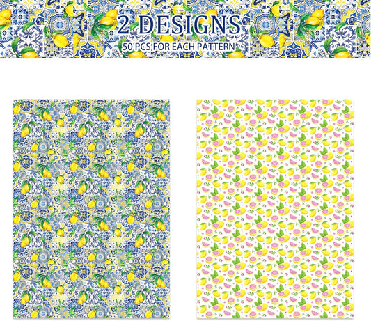 100 Sheets Capri Lemon Tissue Paper - 14x20 Inch Blue Tiles Yellow Lemons Patterns Gift Wrapping Paper for Summer Birthday, Baby Shower, Wedding Party, DIY Crafts Supplies, Gift Packing, 2 Style