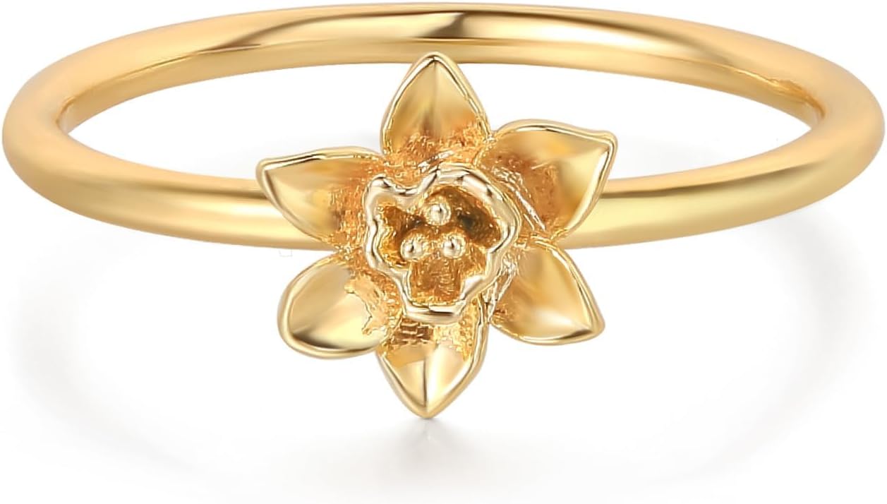 Birth Flower Stacking Ring for Women | 14K Gold Plated Brass, 12 Engraved Floral Motifs, Slim Stack-Ready Band, Available in US Sizes 5-9