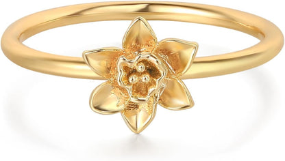 Birth Flower Stacking Ring for Women | 14K Gold Plated Brass, 12 Engraved Floral Motifs, Slim Stack-Ready Band, Available in US Sizes 5-9