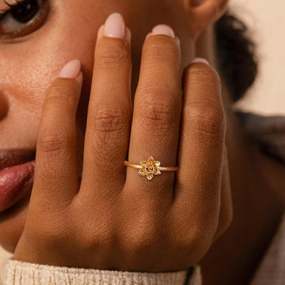 Birth Flower Stacking Ring for Women | 14K Gold Plated Brass, 12 Engraved Floral Motifs, Slim Stack-Ready Band, Available in US Sizes 5-9