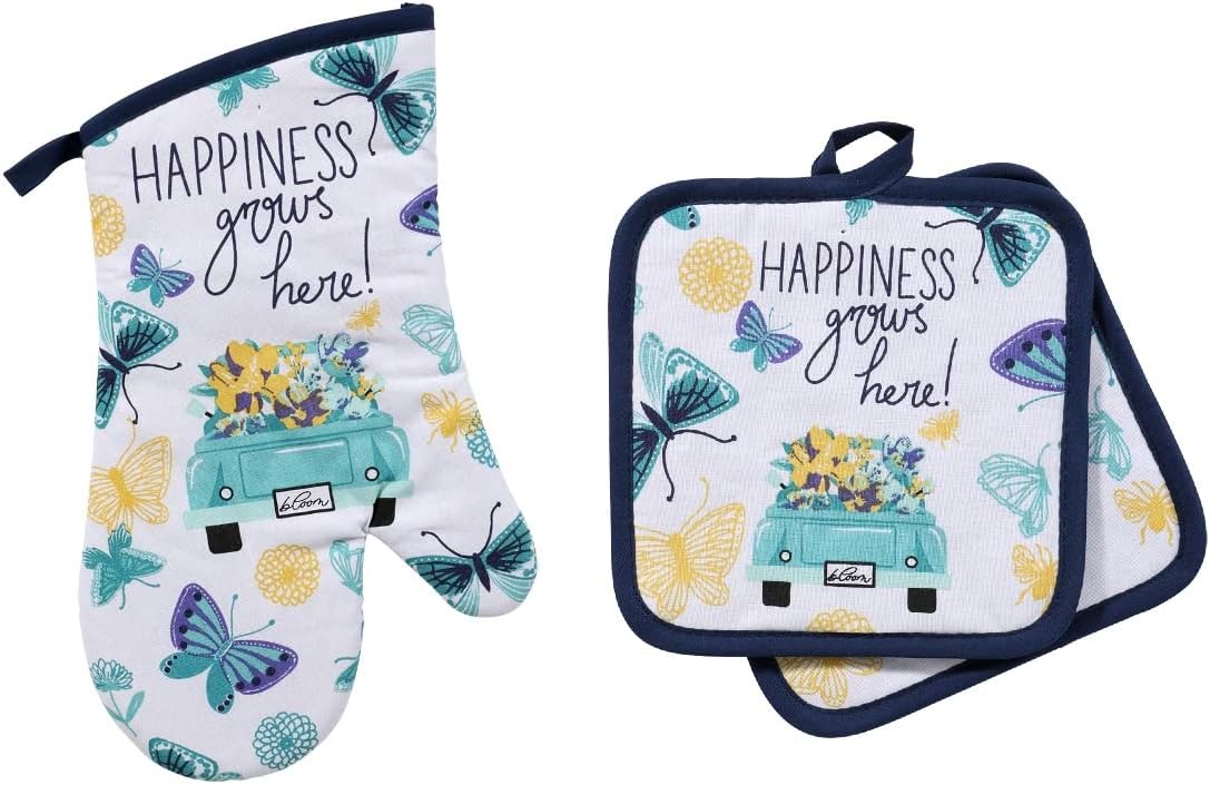 3 Piece Lightweight Decorative Kitchen Décor Set Includes 2 Potholders and 1 Oven Mitt (Blue and Yellow Butterflies )