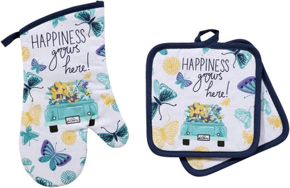 3 Piece Lightweight Decorative Kitchen Décor Set Includes 2 Potholders and 1 Oven Mitt (Blue and Yellow Butterflies )