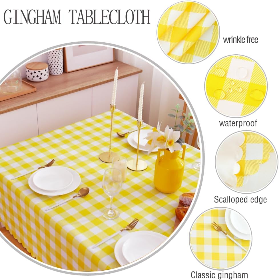 Yellow Gingham Tablecloth for Rectangle Tables-Checkered Table Cloth Waterproof Kitchen & Table Linens-Polyester Buffalo Plaid Wrinkle Free Table Cover(Light Yellow 60x72in)