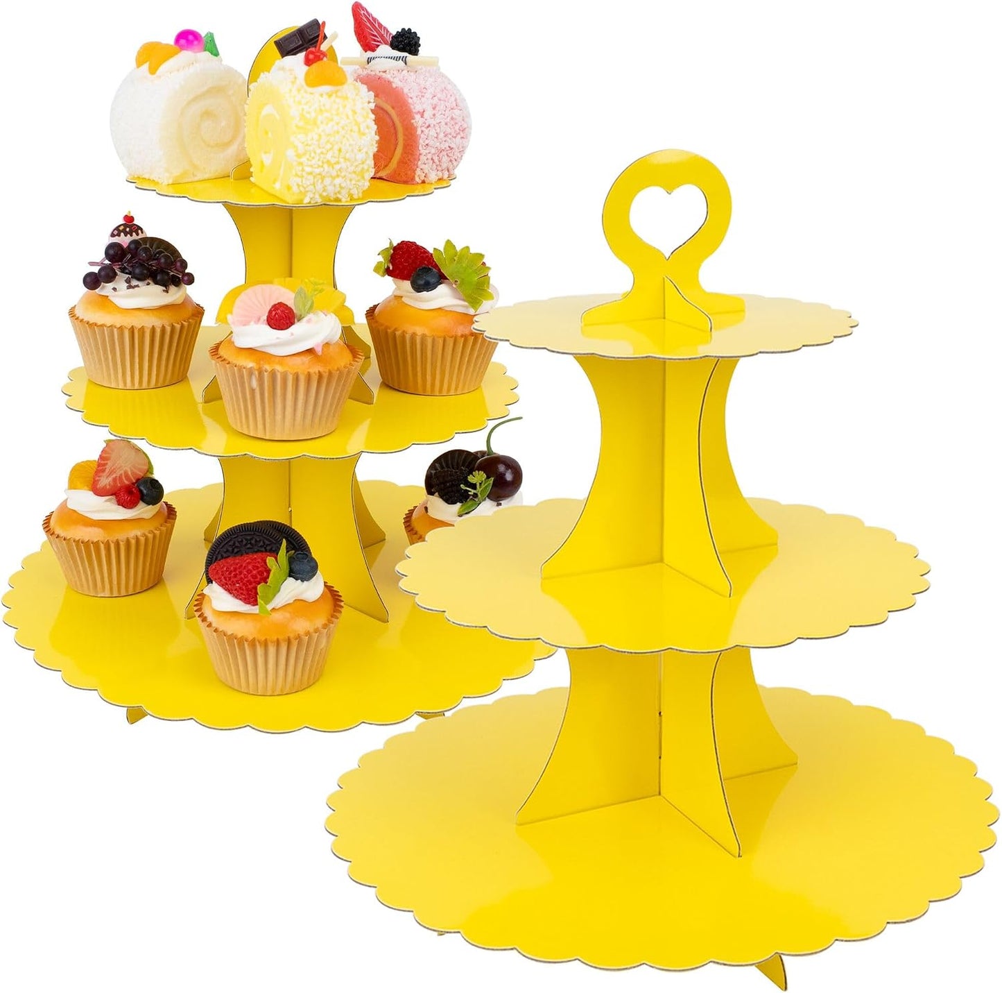 3-Tier Cupcake Stand 2 Pack Dessert Cup Cake Stand Tower Paper Round Cake Display Serving Plate for Anniversary Christening Disposable Pastry Holder for Birthday Wedding Party Decoration (Yellow)