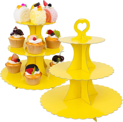 3-Tier Cupcake Stand 2 Pack Dessert Cup Cake Stand Tower Paper Round Cake Display Serving Plate for Anniversary Christening Disposable Pastry Holder for Birthday Wedding Party Decoration (Yellow)