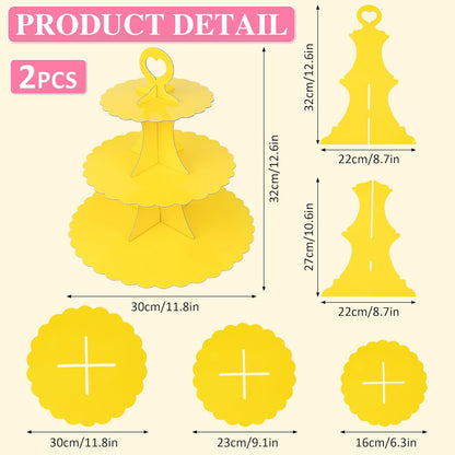 3-Tier Cupcake Stand 2 Pack Dessert Cup Cake Stand Tower Paper Round Cake Display Serving Plate for Anniversary Christening Disposable Pastry Holder for Birthday Wedding Party Decoration (Yellow)