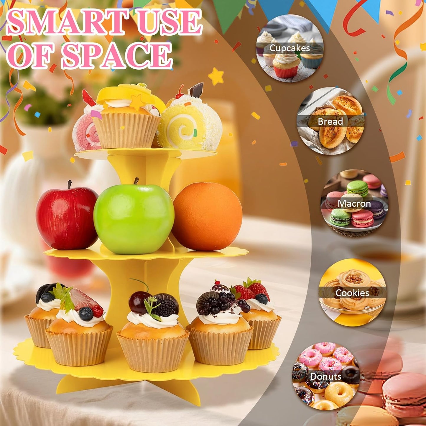 3-Tier Cupcake Stand 2 Pack Dessert Cup Cake Stand Tower Paper Round Cake Display Serving Plate for Anniversary Christening Disposable Pastry Holder for Birthday Wedding Party Decoration (Yellow)