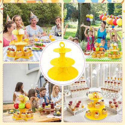 3-Tier Cupcake Stand 2 Pack Dessert Cup Cake Stand Tower Paper Round Cake Display Serving Plate for Anniversary Christening Disposable Pastry Holder for Birthday Wedding Party Decoration (Yellow)