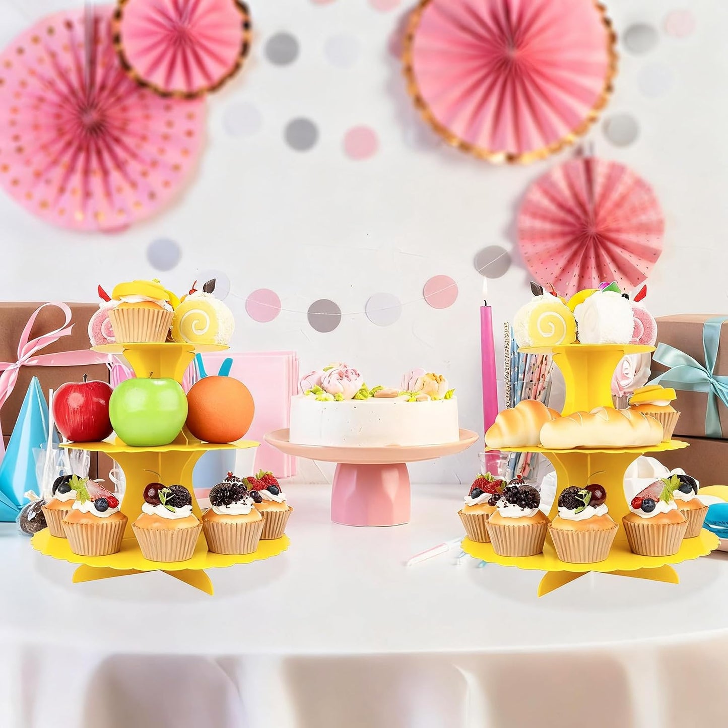 3-Tier Cupcake Stand 2 Pack Dessert Cup Cake Stand Tower Paper Round Cake Display Serving Plate for Anniversary Christening Disposable Pastry Holder for Birthday Wedding Party Decoration (Yellow)