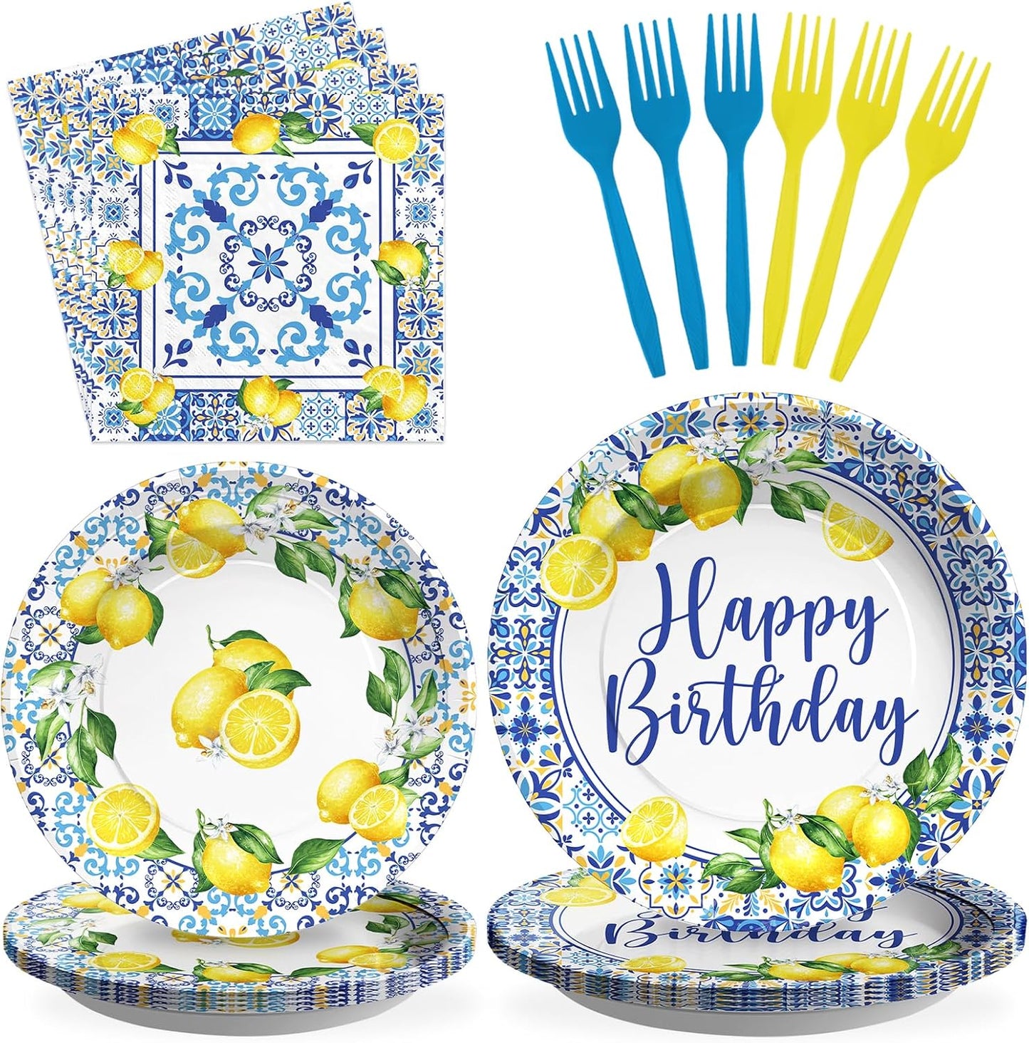 Greencian 96Pcs Capri Lemon Fruit Party Decorations Baby Shower Serves 24 | Blue Tiles Yellow Lemon Plates Napkins Tableware Sets Summer Citrus Fruit Birthday Party Supplies for Italy Family Gathering