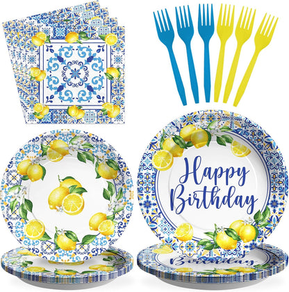 Greencian 96Pcs Capri Lemon Fruit Party Decorations Baby Shower Serves 24 | Blue Tiles Yellow Lemon Plates Napkins Tableware Sets Summer Citrus Fruit Birthday Party Supplies for Italy Family Gathering