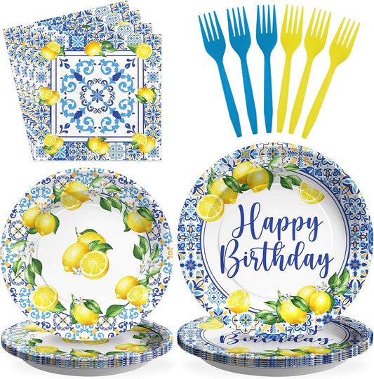 Greencian 96Pcs Capri Lemon Fruit Party Decorations Baby Shower Serves 24 | Blue Tiles Yellow Lemon Plates Napkins Tableware Sets Summer Citrus Fruit Birthday Party Supplies for Italy Family Gathering