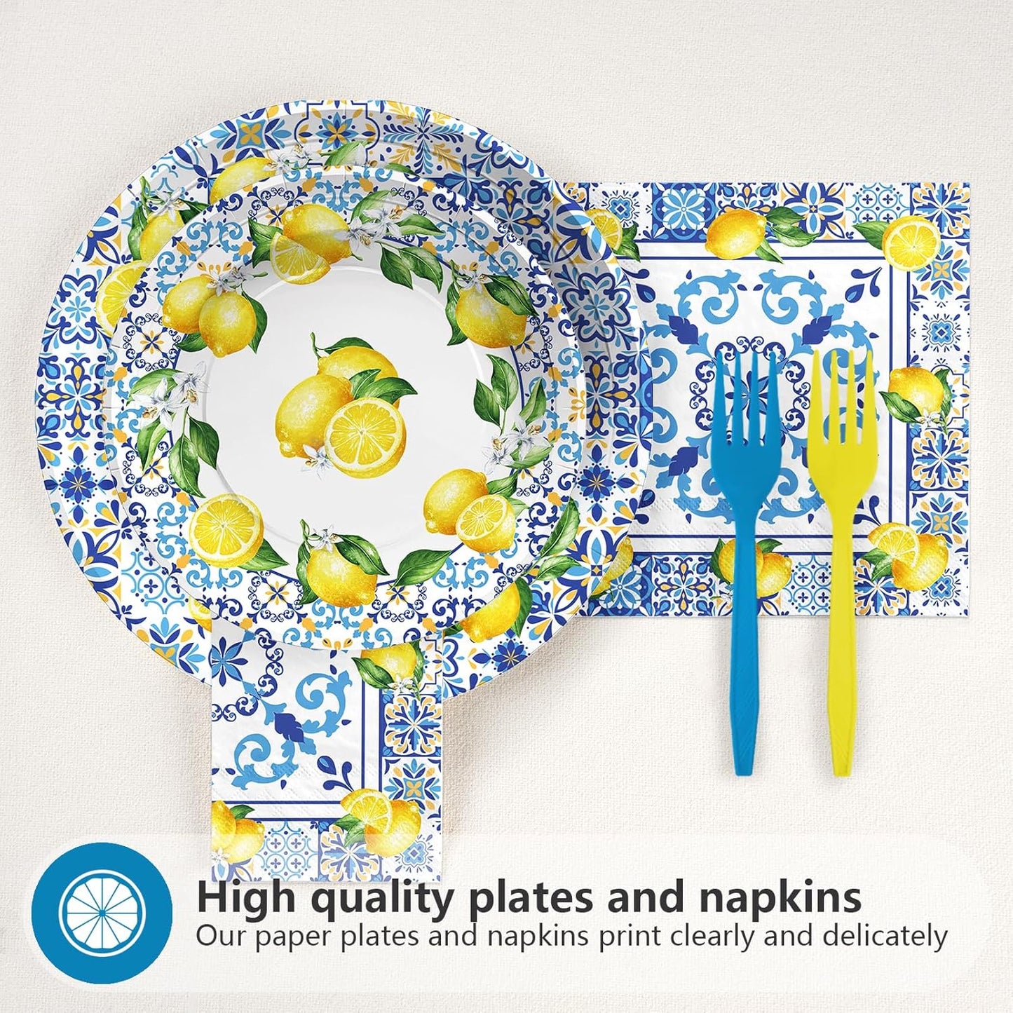 Greencian 96Pcs Capri Lemon Fruit Party Decorations Baby Shower Serves 24 | Blue Tiles Yellow Lemon Plates Napkins Tableware Sets Summer Citrus Fruit Birthday Party Supplies for Italy Family Gathering