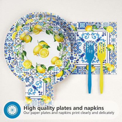 Greencian 96Pcs Capri Lemon Fruit Party Decorations Baby Shower Serves 24 | Blue Tiles Yellow Lemon Plates Napkins Tableware Sets Summer Citrus Fruit Birthday Party Supplies for Italy Family Gathering