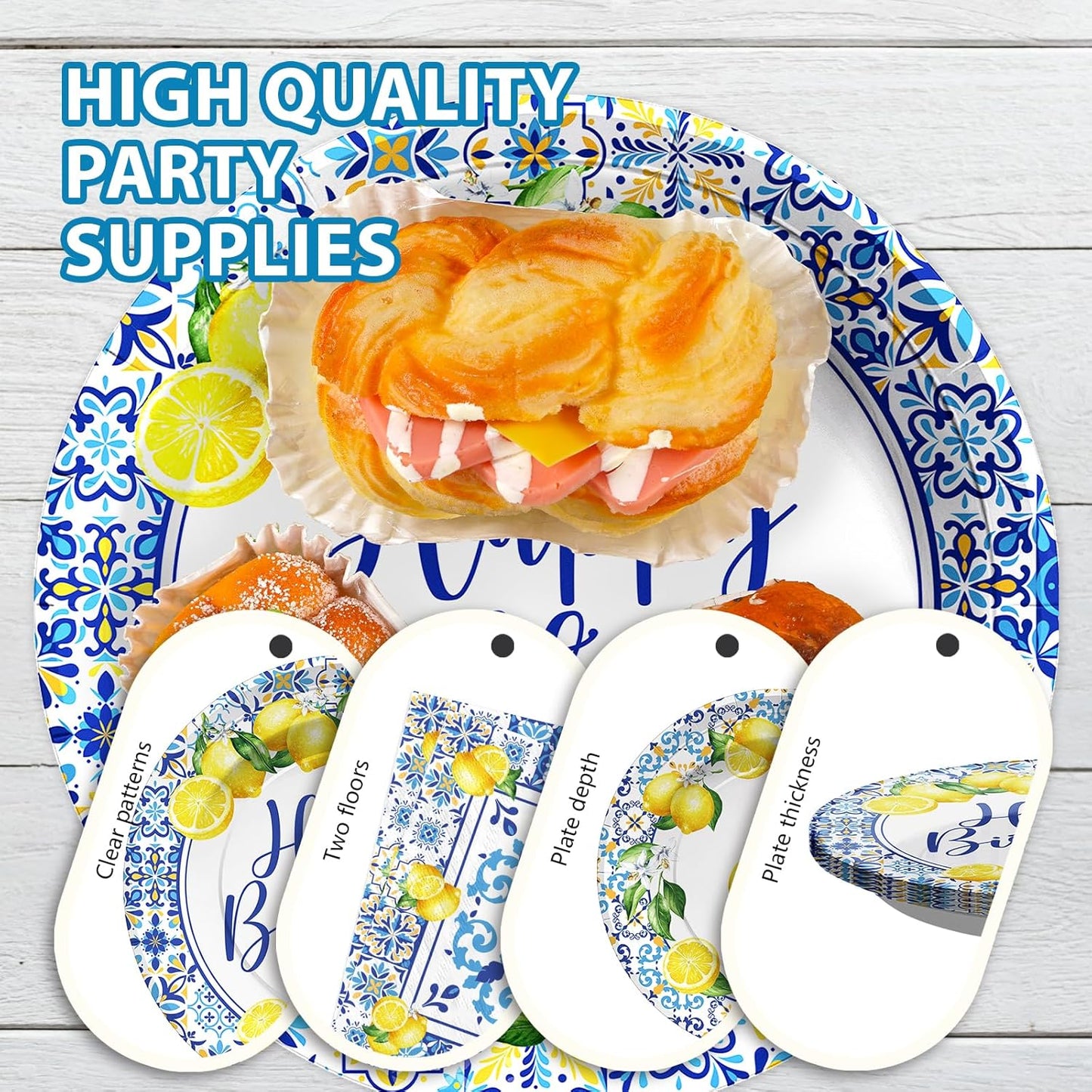 Greencian 96Pcs Capri Lemon Fruit Party Decorations Baby Shower Serves 24 | Blue Tiles Yellow Lemon Plates Napkins Tableware Sets Summer Citrus Fruit Birthday Party Supplies for Italy Family Gathering