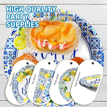 Greencian 96Pcs Capri Lemon Fruit Party Decorations Baby Shower Serves 24 | Blue Tiles Yellow Lemon Plates Napkins Tableware Sets Summer Citrus Fruit Birthday Party Supplies for Italy Family Gathering