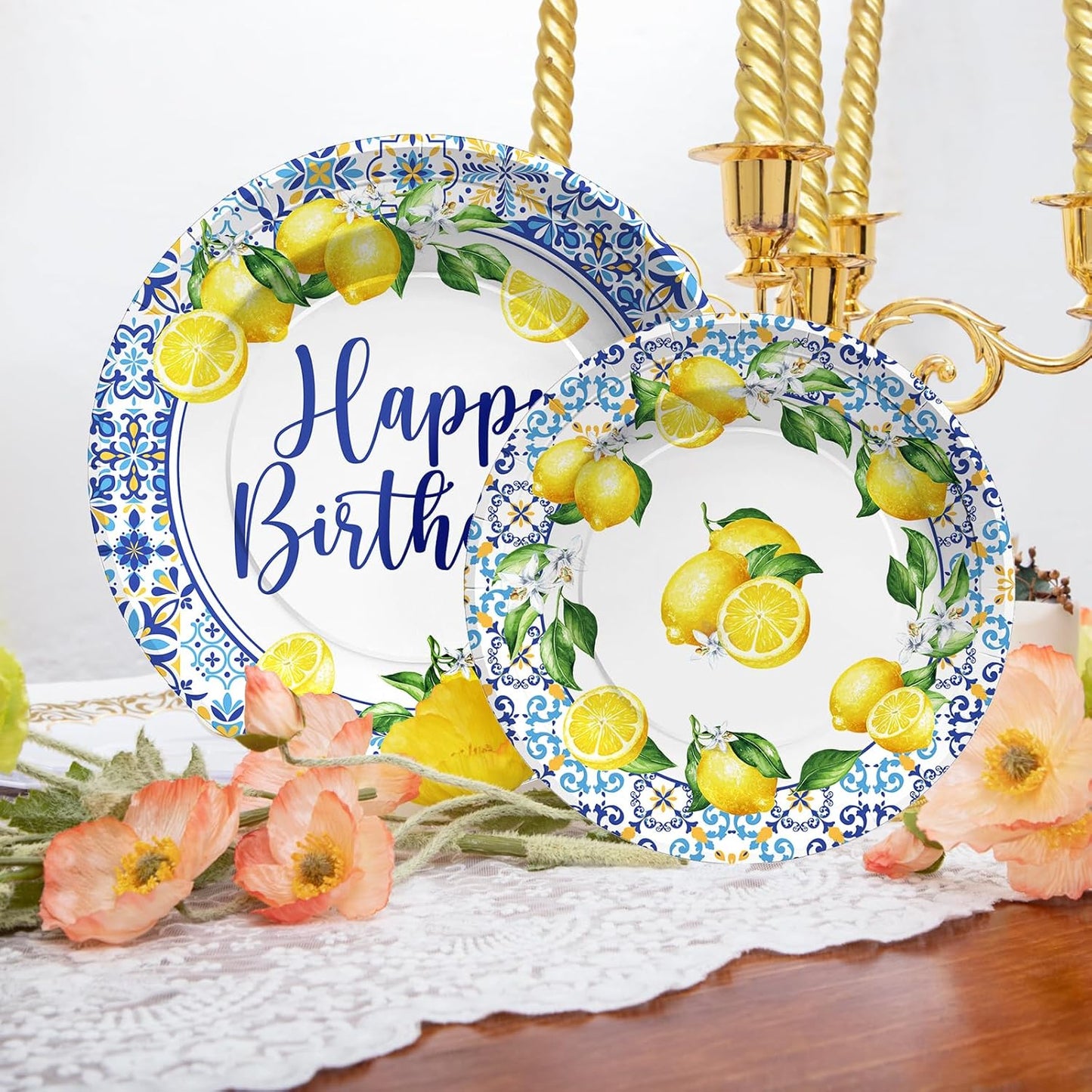 Greencian 96Pcs Capri Lemon Fruit Party Decorations Baby Shower Serves 24 | Blue Tiles Yellow Lemon Plates Napkins Tableware Sets Summer Citrus Fruit Birthday Party Supplies for Italy Family Gathering