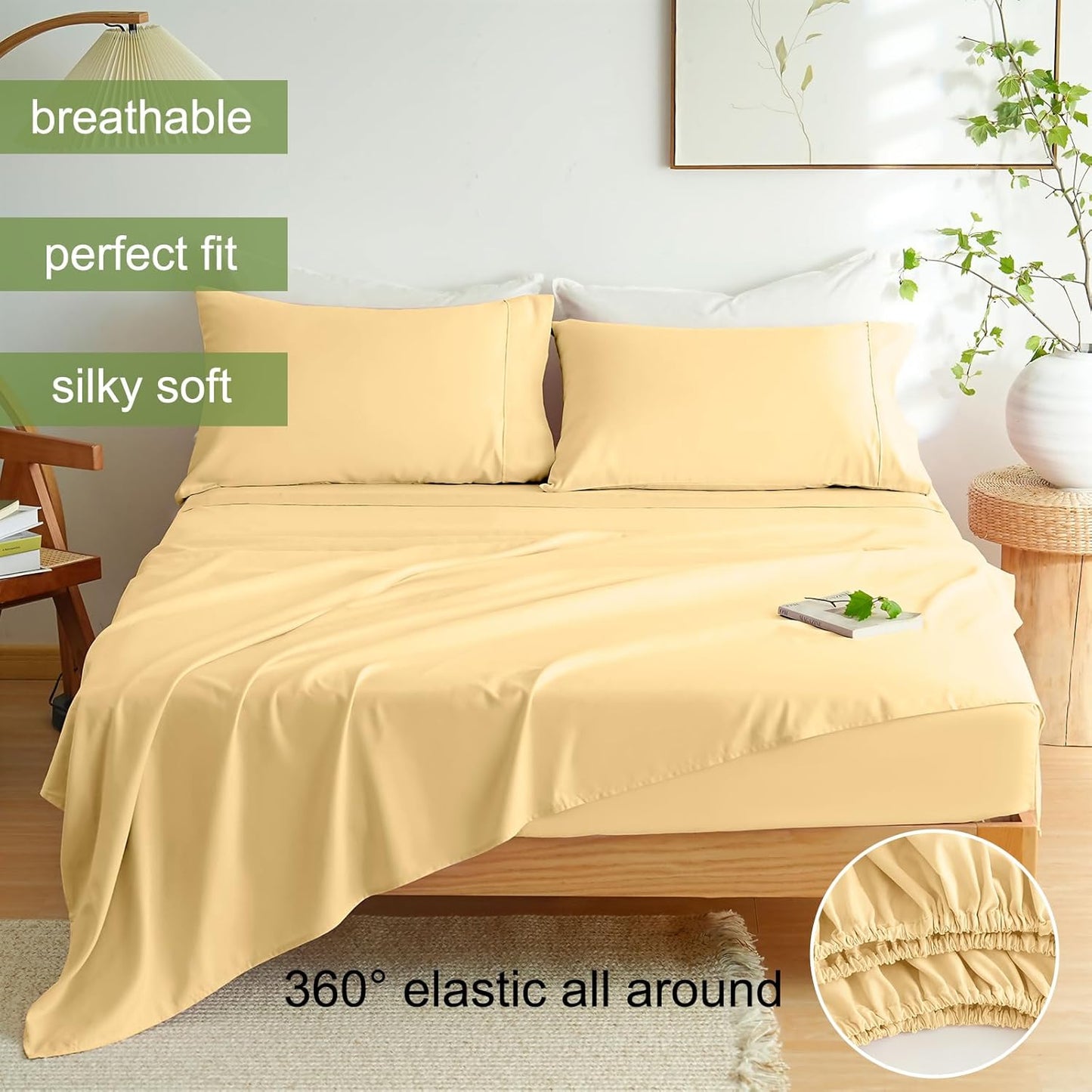 Bed Sheet Set 4 Pieces Double Brushed Microfiber 1800 - Breathable All Season Luxury Soft Bedding - Full Yellow