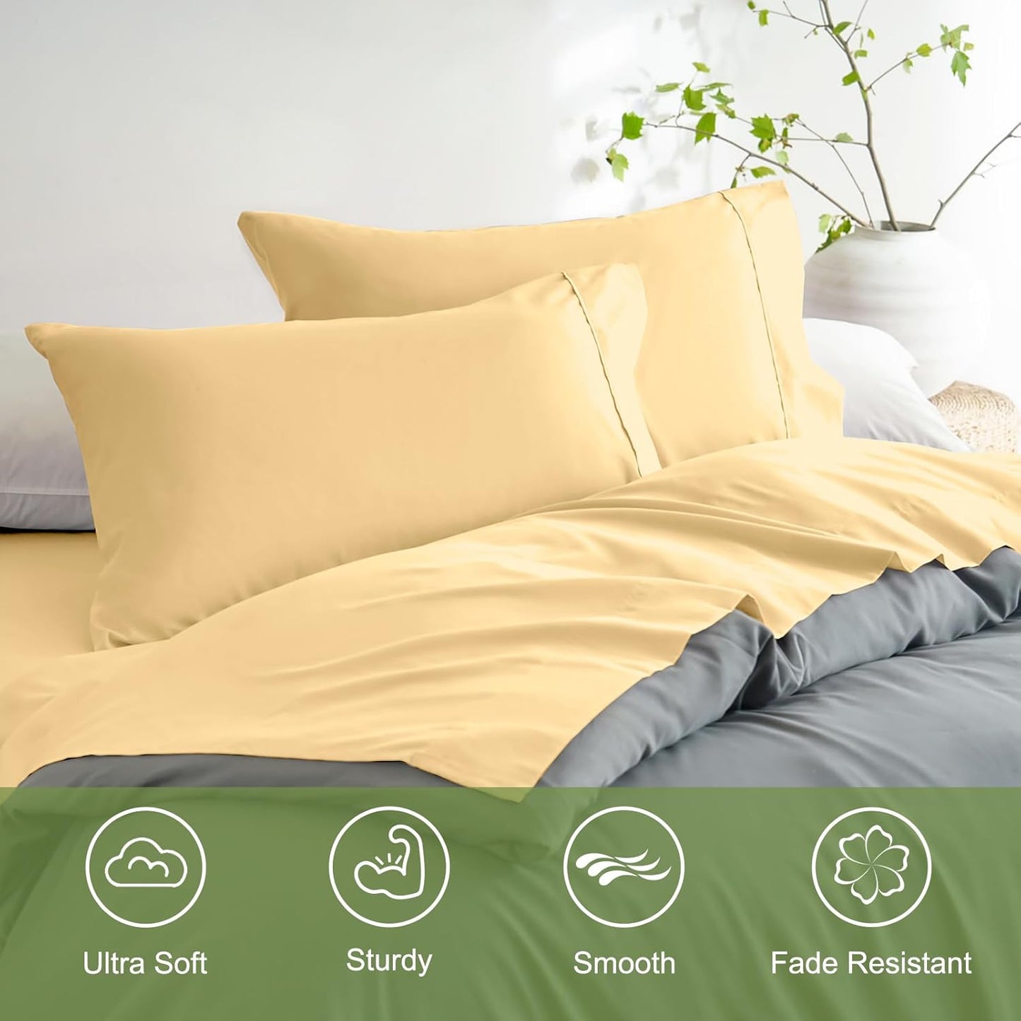 Bed Sheet Set 4 Pieces Double Brushed Microfiber 1800 - Breathable All Season Luxury Soft Bedding - Full Yellow