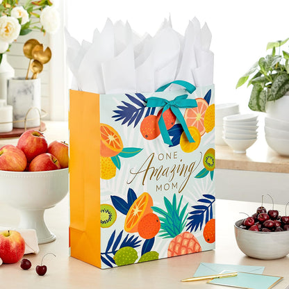 15" Extra Large Gift Bag for Moms with Tissue Paper (Tropical Fruit, Kiwi, Pineapple, Lemons, Oranges) for Mother's Day and Birthdays
