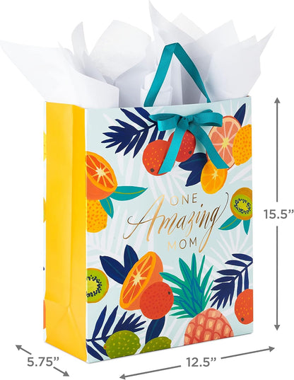 15" Extra Large Gift Bag for Moms with Tissue Paper (Tropical Fruit, Kiwi, Pineapple, Lemons, Oranges) for Mother's Day and Birthdays