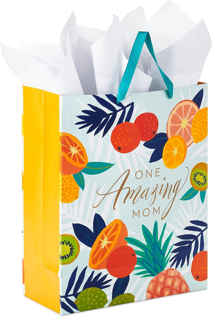 15" Extra Large Gift Bag for Moms with Tissue Paper (Tropical Fruit, Kiwi, Pineapple, Lemons, Oranges) for Mother's Day and Birthdays