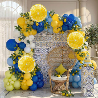 Lemon Royal Blue Yellow Balloon Garland Arch Kit with Lemon Foil Balloons for amalfi last toast on the coast Bachelorette Bridal Shower freshly graduated lemon decor Main Squeeze Party Supplies