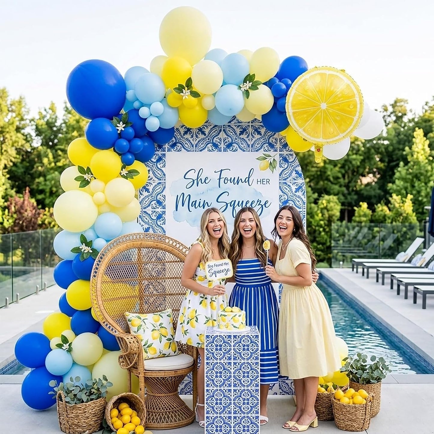 Lemon Royal Blue Yellow Balloon Garland Arch Kit with Lemon Foil Balloons for amalfi last toast on the coast Bachelorette Bridal Shower freshly graduated lemon decor Main Squeeze Party Supplies