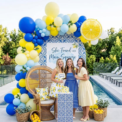 Lemon Royal Blue Yellow Balloon Garland Arch Kit with Lemon Foil Balloons for amalfi last toast on the coast Bachelorette Bridal Shower freshly graduated lemon decor Main Squeeze Party Supplies