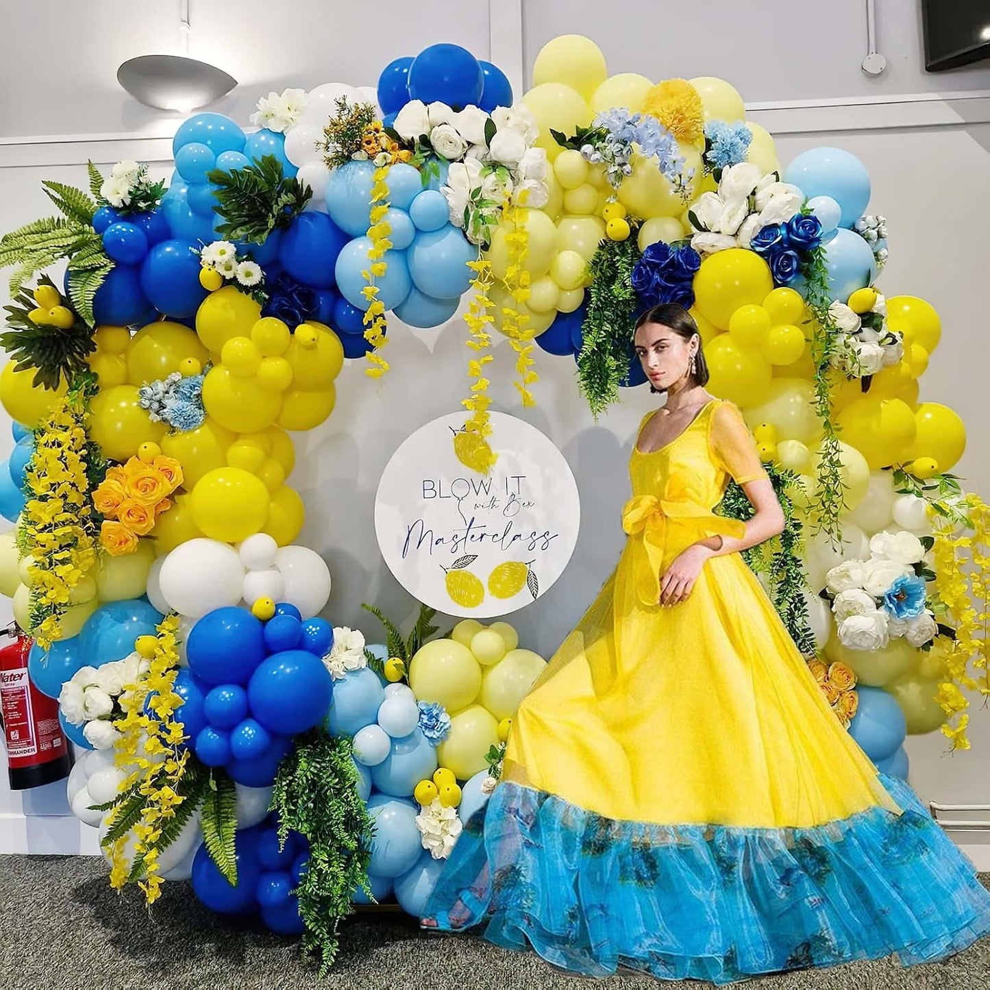 Lemon Royal Blue Yellow Balloon Garland Arch Kit with Lemon Foil Balloons for amalfi last toast on the coast Bachelorette Bridal Shower freshly graduated lemon decor Main Squeeze Party Supplies