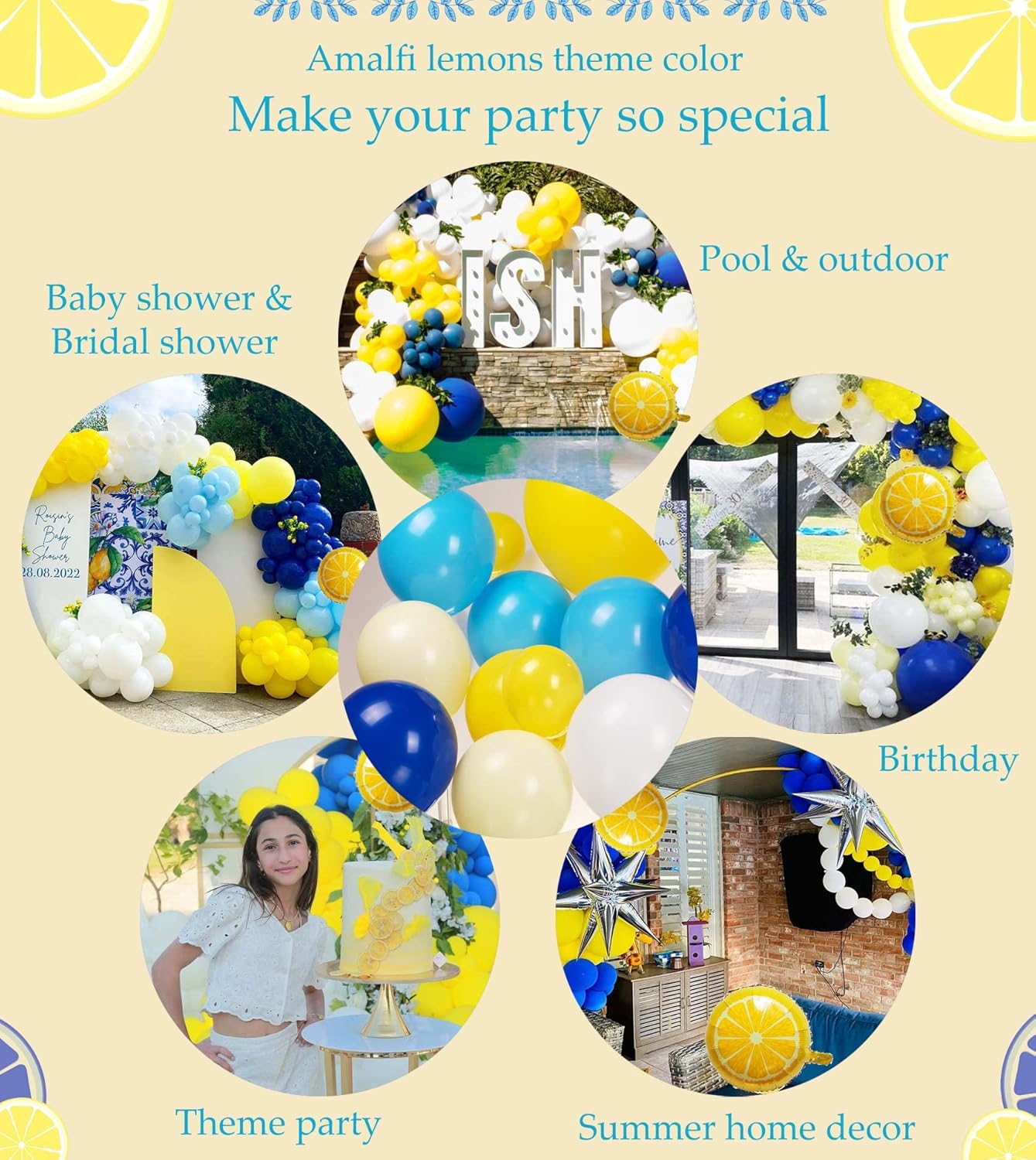 Lemon Royal Blue Yellow Balloon Garland Arch Kit with Lemon Foil Balloons for amalfi last toast on the coast Bachelorette Bridal Shower freshly graduated lemon decor Main Squeeze Party Supplies