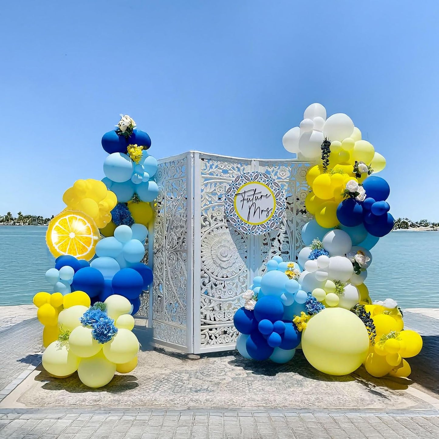 Lemon Royal Blue Yellow Balloon Garland Arch Kit with Lemon Foil Balloons for amalfi last toast on the coast Bachelorette Bridal Shower freshly graduated lemon decor Main Squeeze Party Supplies
