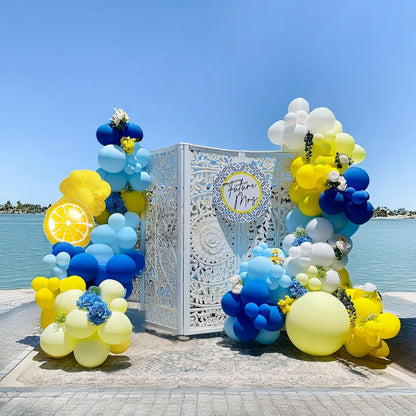 Lemon Royal Blue Yellow Balloon Garland Arch Kit with Lemon Foil Balloons for amalfi last toast on the coast Bachelorette Bridal Shower freshly graduated lemon decor Main Squeeze Party Supplies