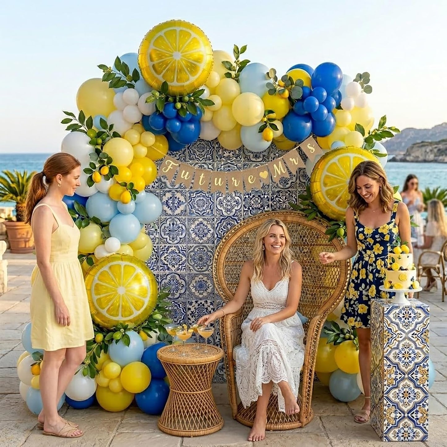 Lemon Royal Blue Yellow Balloon Garland Arch Kit with Lemon Foil Balloons for amalfi last toast on the coast Bachelorette Bridal Shower freshly graduated lemon decor Main Squeeze Party Supplies