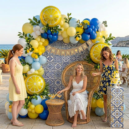 Lemon Royal Blue Yellow Balloon Garland Arch Kit with Lemon Foil Balloons for amalfi last toast on the coast Bachelorette Bridal Shower freshly graduated lemon decor Main Squeeze Party Supplies
