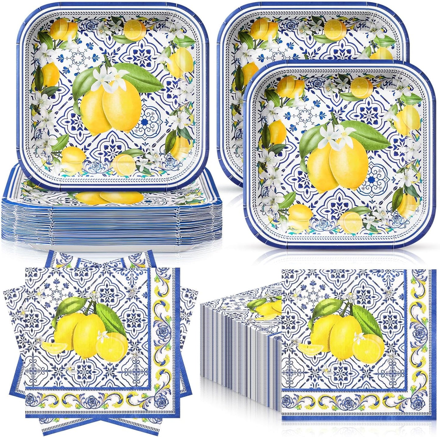 72 Pcs Amalfi Coast Party Decorations, Capri Lemon Plates and Napkins Set Serve 36, 7 Square Capri Dessert Plates and Summer Fruit Napkins Disposable Dinnerware Birthday Baby Shower Decoration