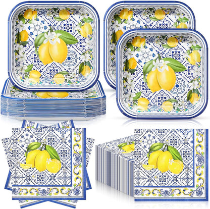 72 Pcs Amalfi Coast Party Decorations, Capri Lemon Plates and Napkins Set Serve 36, 7 Square Capri Dessert Plates and Summer Fruit Napkins Disposable Dinnerware Birthday Baby Shower Decoration