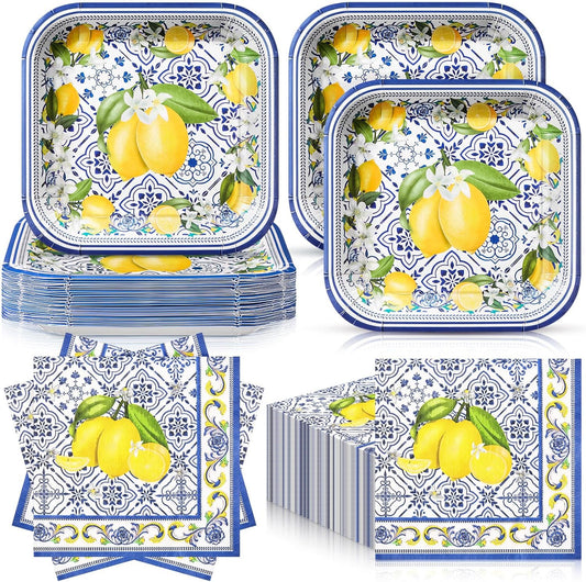 72 Pcs Amalfi Coast Party Decorations, Capri Lemon Plates and Napkins Set Serve 36, 7 Square Capri Dessert Plates and Summer Fruit Napkins Disposable Dinnerware Birthday Baby Shower Decoration