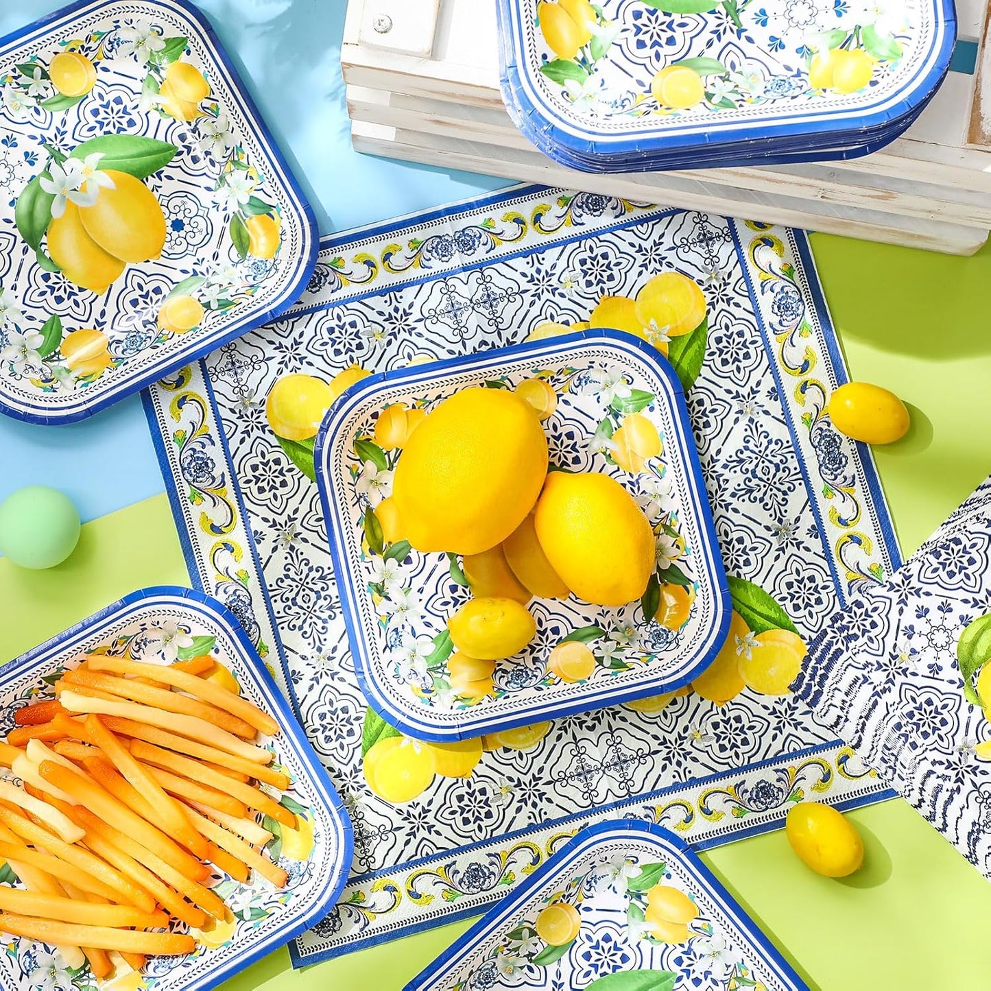 72 Pcs Amalfi Coast Party Decorations, Capri Lemon Plates and Napkins Set Serve 36, 7 Square Capri Dessert Plates and Summer Fruit Napkins Disposable Dinnerware Birthday Baby Shower Decoration