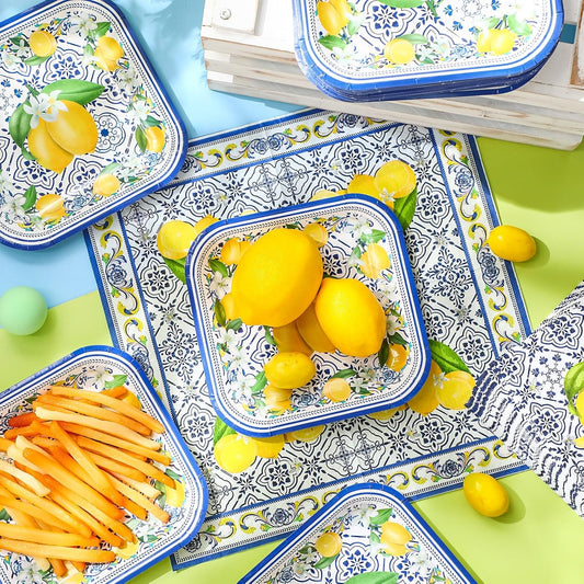 72 Pcs Amalfi Coast Party Decorations, Capri Lemon Plates and Napkins Set Serve 36, 7 Square Capri Dessert Plates and Summer Fruit Napkins Disposable Dinnerware Birthday Baby Shower Decoration