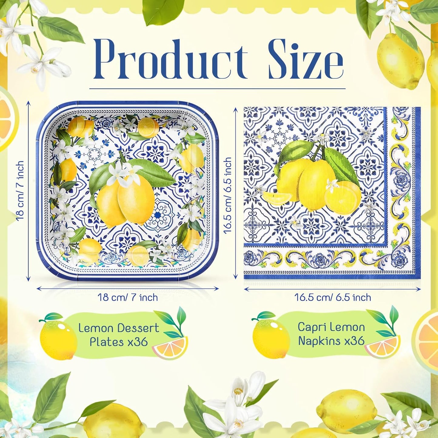 72 Pcs Amalfi Coast Party Decorations, Capri Lemon Plates and Napkins Set Serve 36, 7 Square Capri Dessert Plates and Summer Fruit Napkins Disposable Dinnerware Birthday Baby Shower Decoration